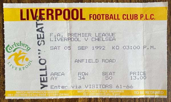 1992/93 ORIGINAL PREMIER LEAGUE TICKET LIVERPOOL V CHELSEA (CHELSEA ALLOCATION)