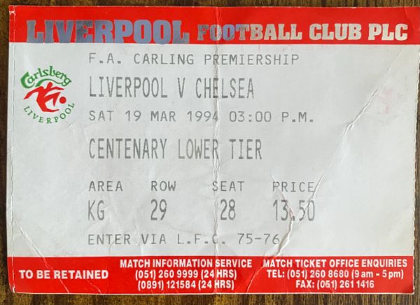 1993/94 ORIGINAL FA PREMIERSHIP TICKET LIVERPOOL V CHELSEA