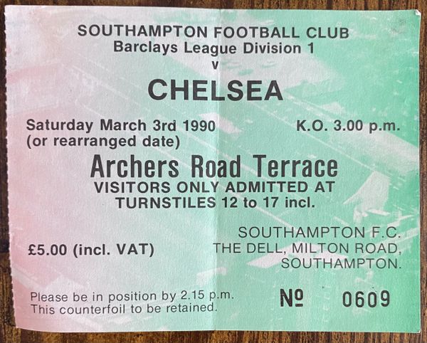 1989/90 ORIGINAL DIVISION ONE TICKET SOUTHAMPTON V CHELSEA (CHELSEA ALLOCATION)