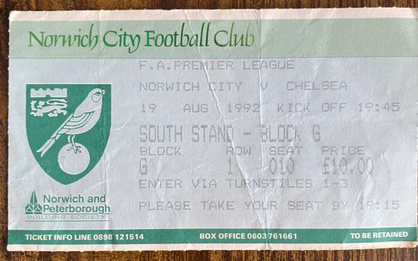 1992/93 ORIGINAL FA PREMIER LEAGUE TICKET NORWICH CITY V CHELSEA