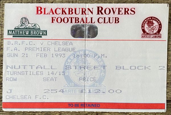 1992/93 ORIGINAL FA PREMIER LEAGUE TICKET BLACKBURN ROVERS V CHELSEA (CHELSEA ALLOCATION)