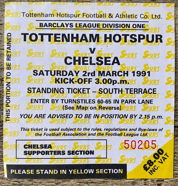 1990/91 ORIGINAL DIVISION ONE TICKET TOTTENHAM HOTSPUR V CHELSEA (CHELSEA ALLOCATION)