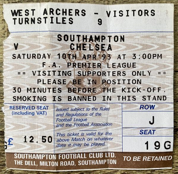 1992/93 ORIGINAL PREMIER LEAGUE TICKET SOUTHAMPTON V CHELSEA (CHELSEA ALLOCATION)