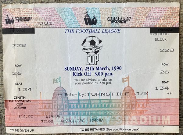 1990 ORIGINAL UNUSED ZENITH DATA SYSTEMS CUP FINAL TICKET MIDDLESBROUGH V CHELSEA