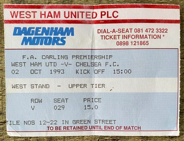 1993/94 ORIGINAL FA PREMIERSHIP TICKET WEST HAM UNITED V CHELSEA