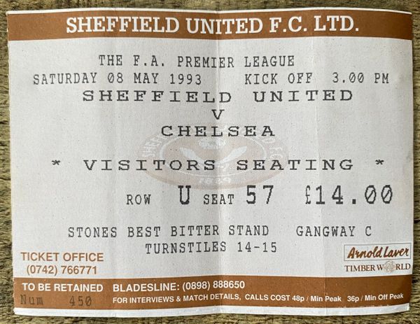 1992/93 ORIGINAL FA PREMIER LEAGUE TICKET SHEFFIELD UNITED V CHELSEA (CHELSEA ALLOCATION)