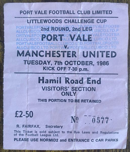 1986/87 ORIGINAL LITTLEWOODS CUP 2ND ROUND 2ND LEG TICKET PORT VALE V MANCHESTER UNITED (UNITED ALLOCATION)