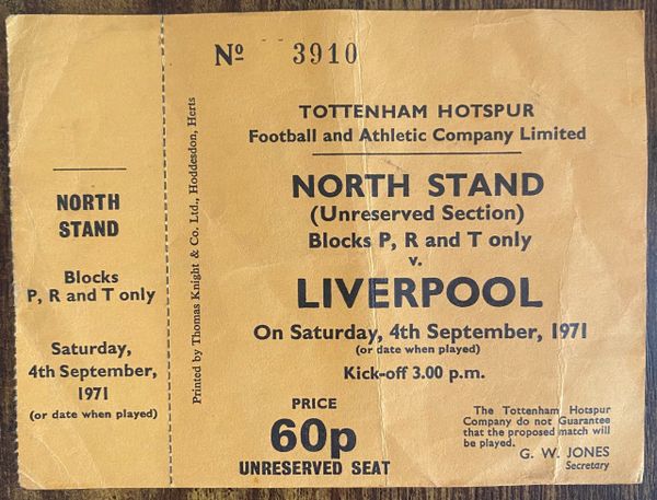 1971/72 ORIGINAL UNUSED DIVISION ONE TICKET TOTTENHAM HOTSPUR V LIVERPOOL