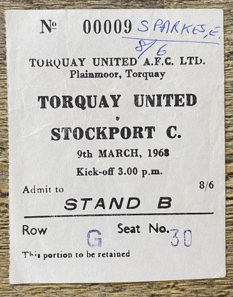 1967/68 ORIGINAL DIVISION THREE TICKET TORQUAY UNITED V STOCKPORT COUNTY