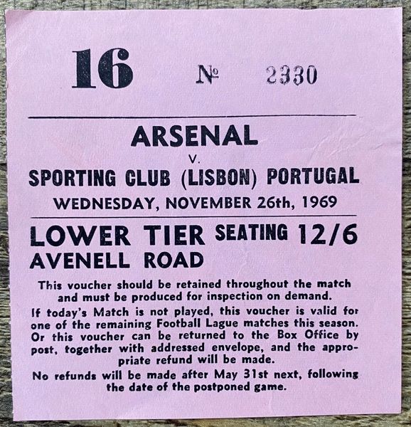 1969/70 ORIGINAL INTER CITIES FAIRS CUP 2ND ROUND 2ND LEG TICKET ARSENAL V SPORTING LISBON