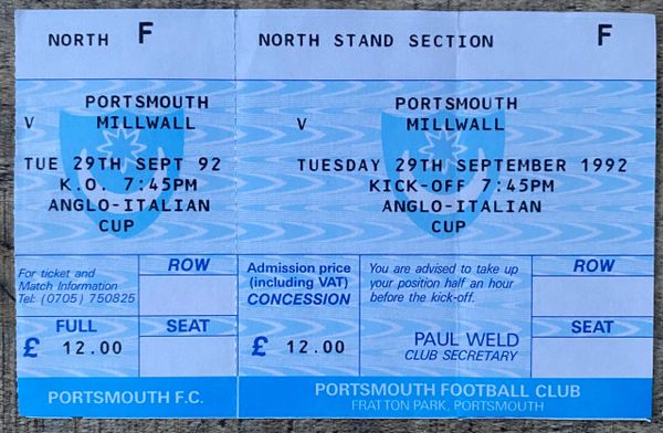 1992/93 ORIGINAL UNUSED ANGLO ITALIAN CUP TICKET PORTSMOUTH V MILLWALL