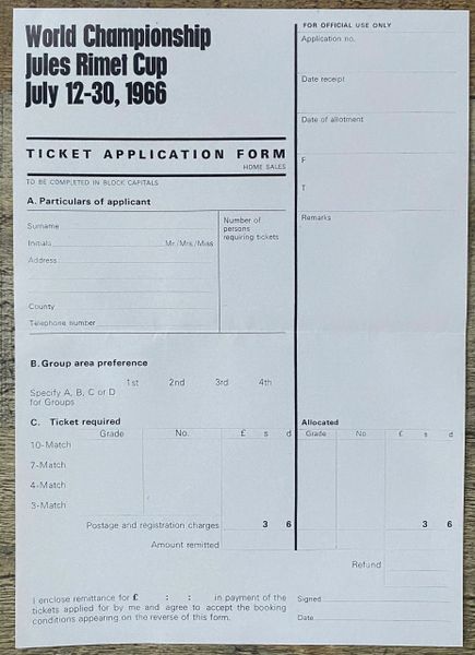 1966 ORIGINAL WORLD CUP A4 TOURNAMENT TICKET APPLICATION FORM