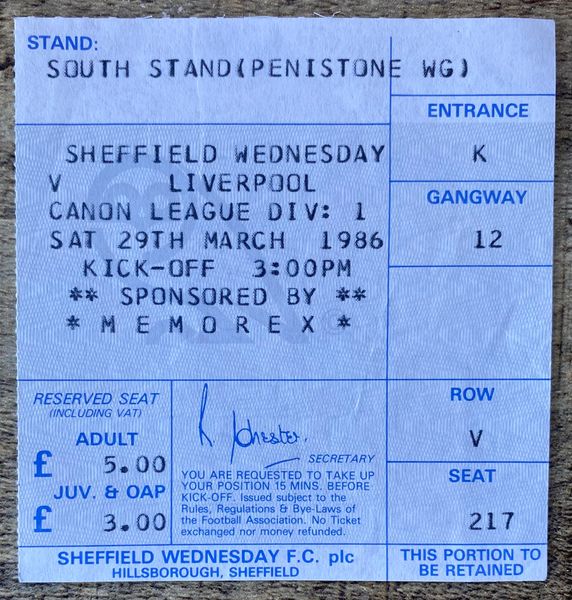 1985/86 ORIGINAL DIVISION ONE TICKET SHEFFIELD WEDNESDAY V LIVERPOOL