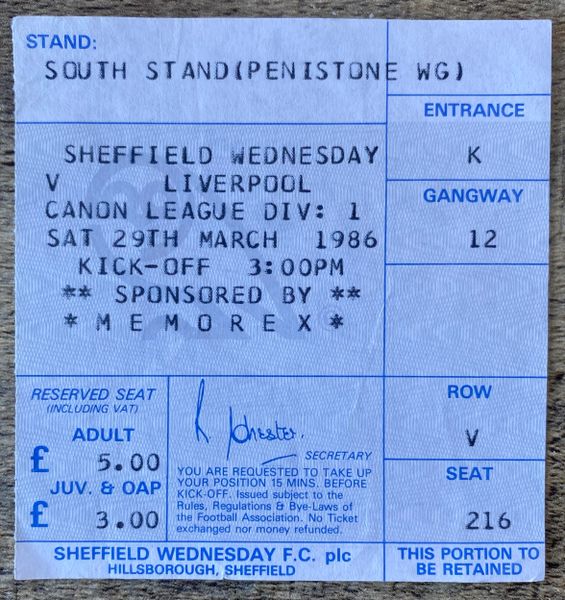 1985/86 ORIGINAL DIVISION ONE TICKET SHEFFIELD WEDNESDAY V LIVERPOOL