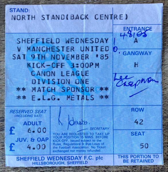 1985/86 ORIGINAL DIVISION ONE TICKET SHEFFIELD WEDNESDAY V MANCHESTER UNITED