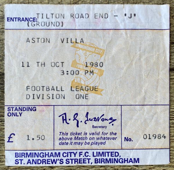 1980/81 ORIGINAL DIVISION ONE TICKET BIRMINGHAM CITY V ASTON VILLA (VILLA ALLOCATION)