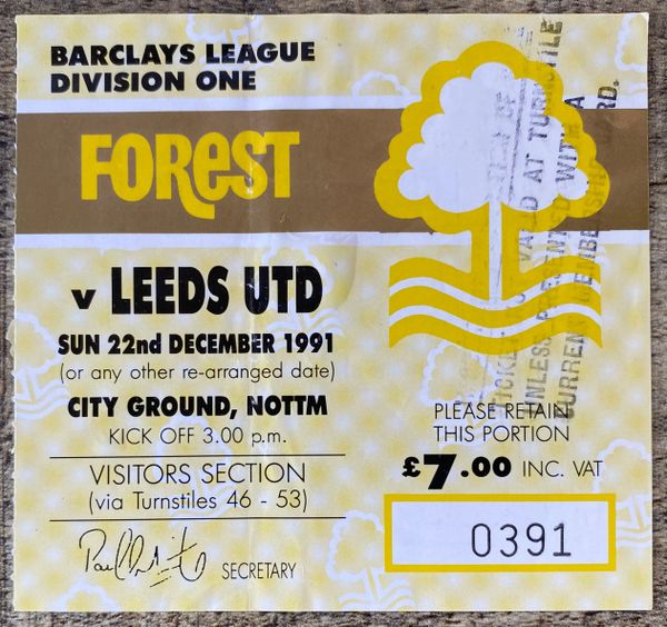 1991/92 ORIGINAL DIVISION ONE TICKET NOTTINGHAM FOREST V LEEDS UNITED (VISITORS ENCLOSURE)