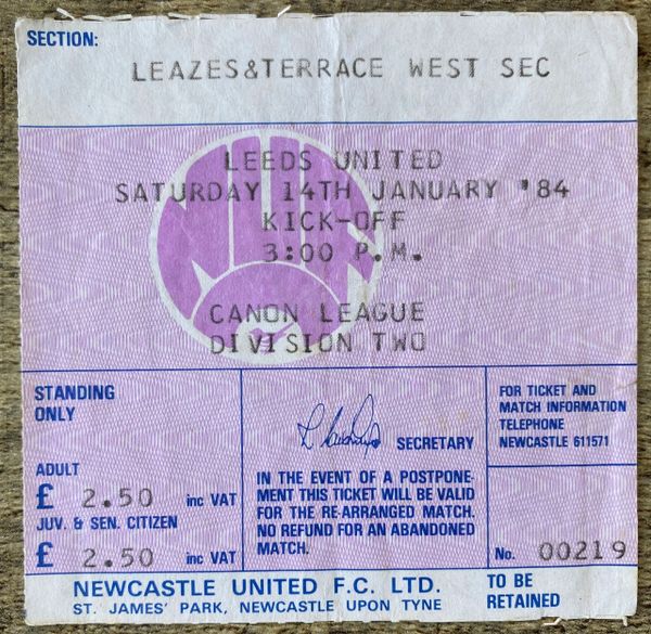 1983/84 ORIGINAL DIVISION TWO TICKET NEWCASTLE UNITED V LEEDS UNITED (LEEDS ALLOCATION)