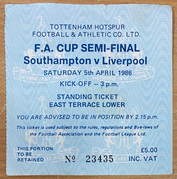 1986 ORIGINAL FA CUP SEMI FINAL TICKET SOUTHAMPTON V LIVERPOOL @ WHITE HART LANE