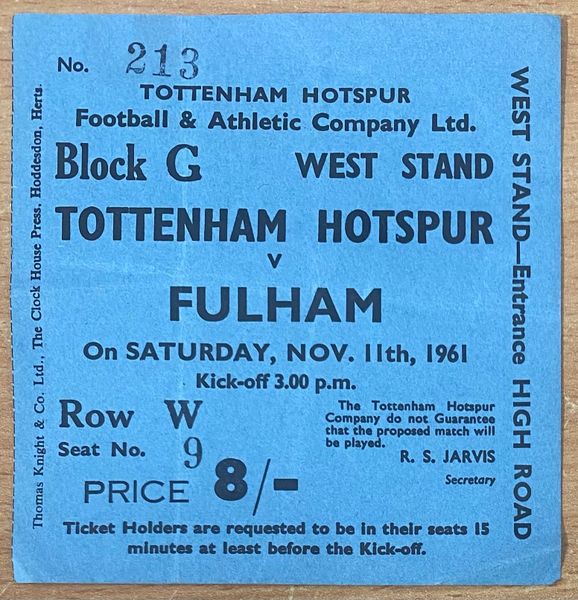 1961/62 ORIGINAL DIVISION ONE TICKET TOTTENHAM HOTSPUR V FULHAM