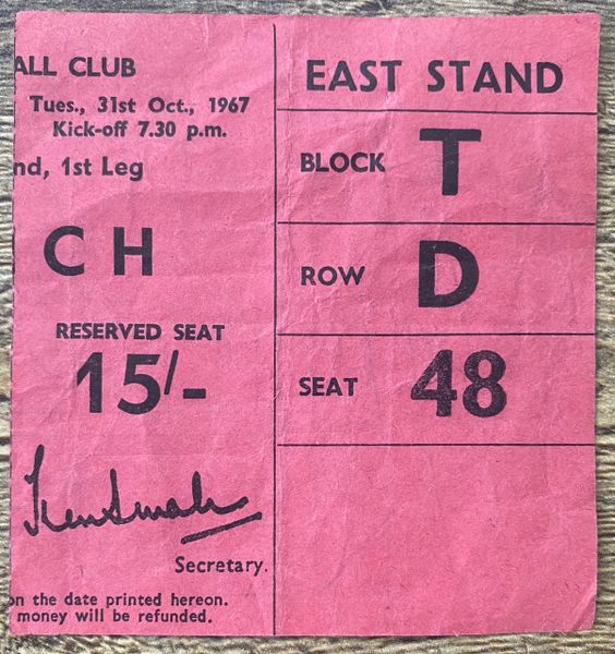 1967/68 ORIGINAL EUROPEAN INTER CITIES FAIRS CUP 2ND ROUND 1ST LEG TICKET NOTTINGHAM FOREST V FC ZURICH