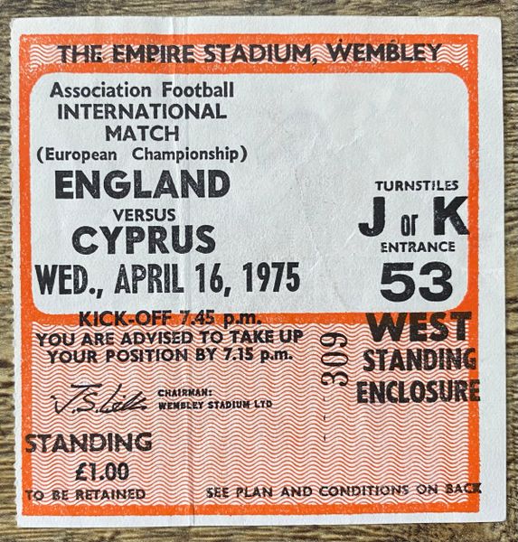 1975 EUROPEAN CHAMPIONSHIP QUALIFYING TICKET ENGLAND V CYPRUS @WEMBLEY