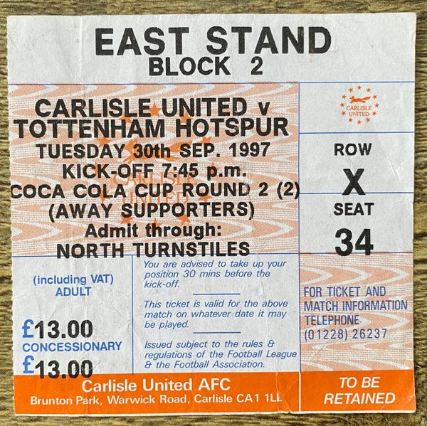 1997/98 ORIGINAL COCA COLA CUP 2ND ROUND 2ND LEG TICKET CARLISLE UNITED V TOTTENHAM HOTSPUR (VISITORS ALLOCATION)