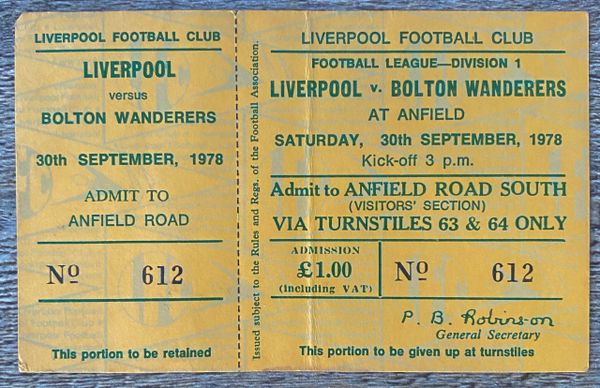 1978/79 ORIGINAL UNUSED DIVISION ONE TICKET BOLTON WANDERERS V LIVERPOOL (VISITORS END)