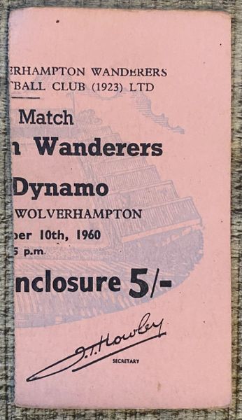 1960 ORIGINAL FLOODLIT FRIENDLY TICKET WOLVERHAMPTON WANDERERS V DYNAMO TIBLISI