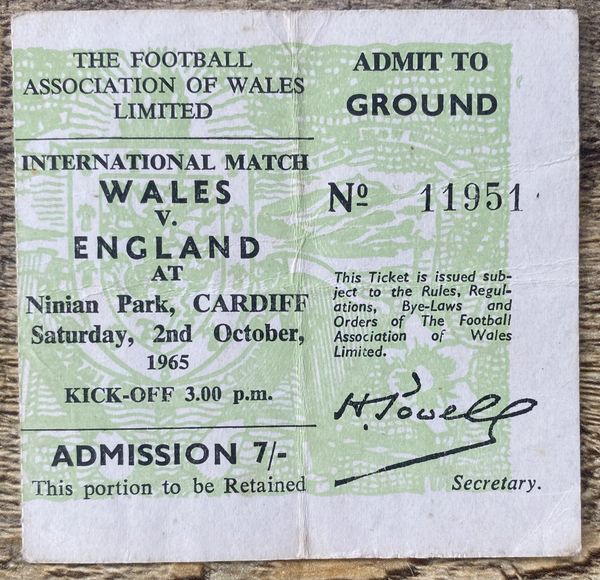 1965 ORIGINAL HOME INTERNATIONAL TICKET WALES V ENGLAND @ NINIAN PARK CARDIFF