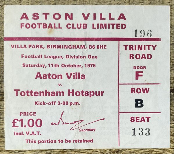 1975/76 ORIGINAL DIVISION ONE TICKET ASTON VILLA V TOTTENHAM HOTSPUR