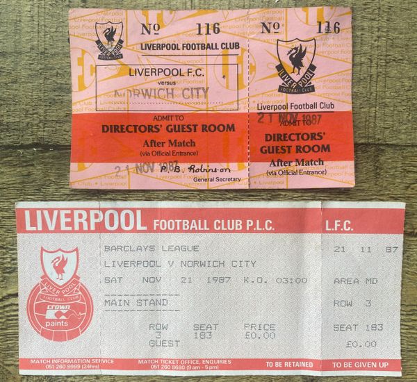 1987/88 ORIGINAL DIVISION ONE UNUSED TICKET LIVERPOOL V NORWICH CITY AND DIRECTORS GUEST ROOM TICKET