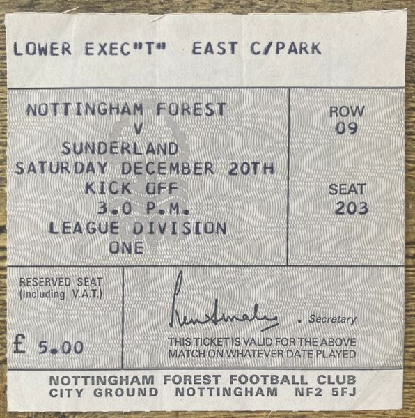 1980/81 ORIGINAL DIVISION ONE TICKET NOTTINGHAM FOREST V SUNDERLAND