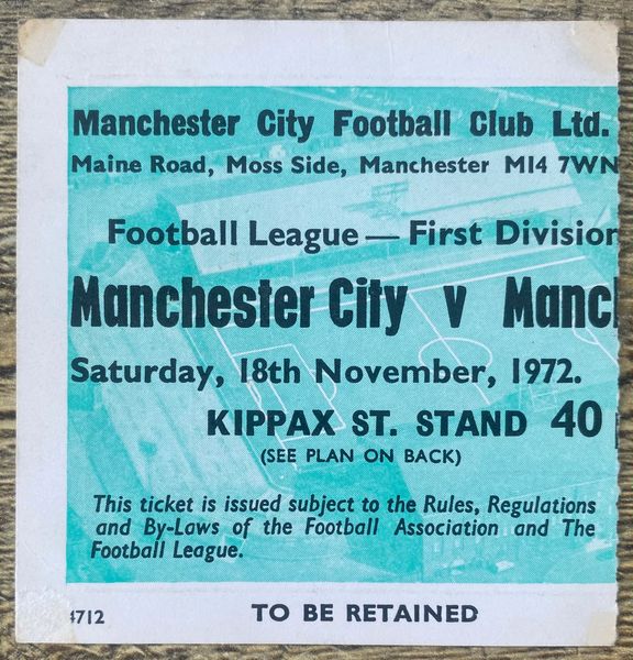 1972/73 ORIGINAL DIVISION ONE TICKET MANCHESTER CITY V MANCHESTER UNITED