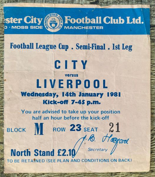 1980/81 ORIGINAL LEAGUE CUP SEMI FINAL 1ST LEG TICKET MANCHESTER CITY V LIVERPOOL