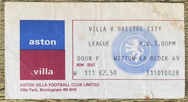 1978/79 ORIGINAL DIVISION ONE TICKET ASTON VILLA V BRISTOL CITY