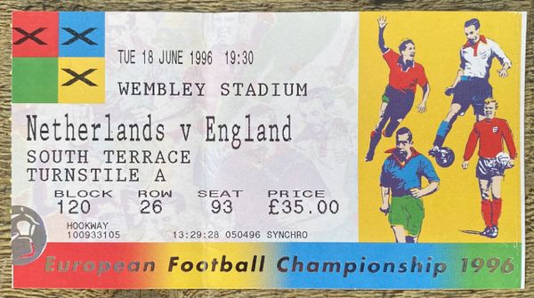 1996 ORIGINAL EURO 96 1ST ROUND TICKET NETHERLANDS V ENGLAND @WEMBLEY, LONDON