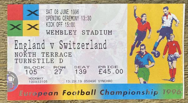 1996 ORIGINAL OPENING GAME EURO 96 1ST ROUND TICKET SWITZERLAND V ENGLAND @WEMBLEY