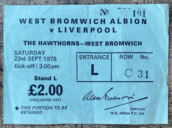 1978/79 ORIGINAL DIVISION ONE TICKET WEST BROMWICH ALBION V LIVERPOOL