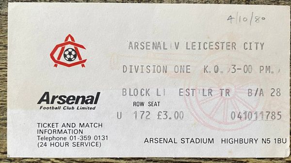 1980/81 ORIGINAL DIVISION ONE TICKET ARSENAL V LEICESTER CITY