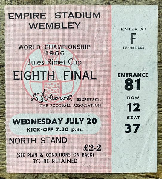 1966 ORIGINAL WORLD CUP 1st ROUND TICKET ENGLAND V FRANCE @ WEMBLEY