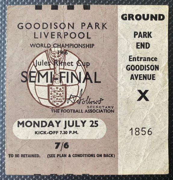 1966 ORIGINAL WORLD CUP SEMI FINAL TICKET WEST GERMANY V USSR @ GOODISON PARK