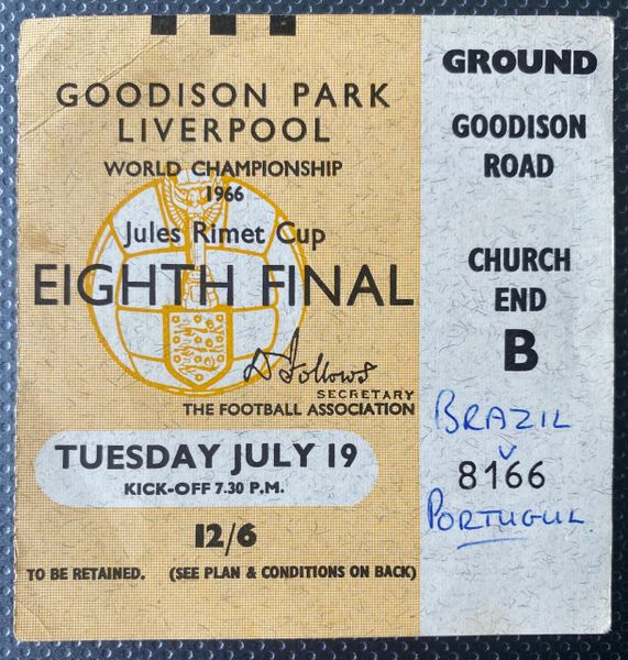 1966 ORIGINAL WORLD CUP 1ST ROUND TICKET PORTUGAL V BRAZIL @ GOODISON PARK