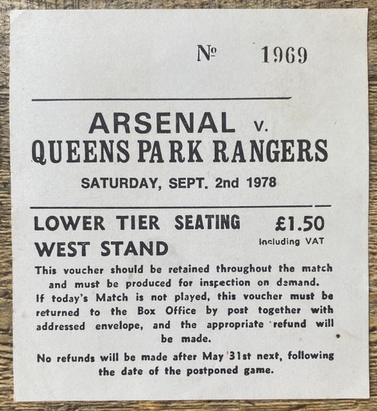 1978/79 ORIGINAL DIVISION ONE TICKET ARSENAL V QUEENS PARK RANGERS