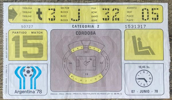 1978 ORIGINAL WORLD CUP 1ST ROUND TICKET IRAN V SCOTLAND @ CORDOBA