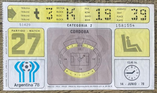 1978 ORIGINAL WORLD CUP 2ND ROUND TICKET NETHERLANDS V AUSTRIA @ CORDOBA