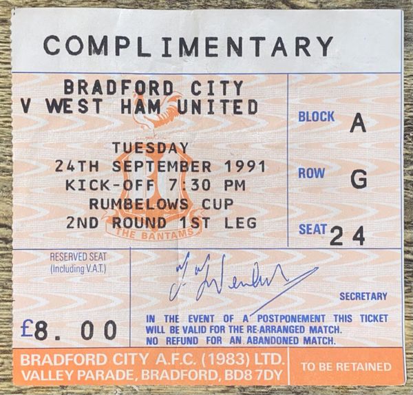 1991/92 ORIGINAL RUMBELOWS CUP 2ND ROUND 1ST LEG TICKET BRADFORD CITY V WEST HAM UNITED