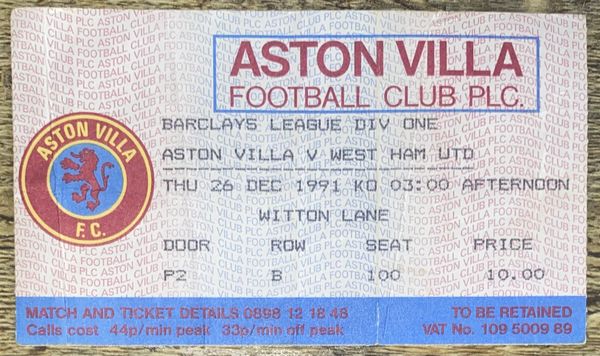 1991/92 ORIGINAL DIVISION 1 TICKET ASTON VILLA V WEST HAM UNITED