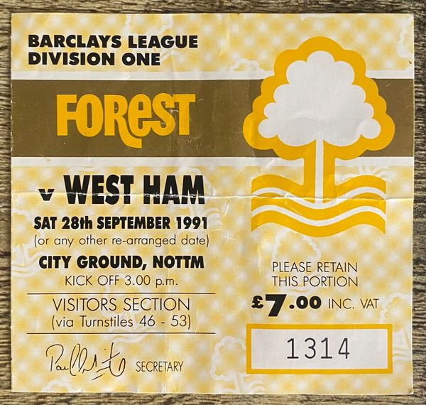 1991/92 ORIGINAL DIVISION 1 TICKET NOTTINGHAM FOREST V WEST HAM UNITED (WEST HAM ALLOCATION)