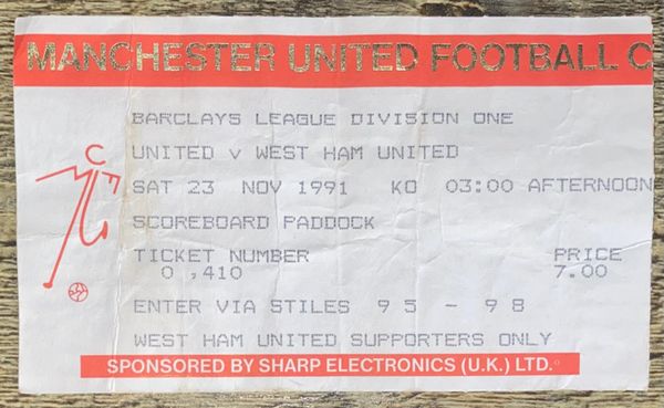 1991/92 ORIGINAL DIVISION 1 TICKET MANCHESTER UNITED V WEST HAM UNITED (WEST HAM ALLOCATION)